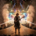 En ögonblicksbild av en artist som lever sin dröm genom att skapa och framföra musik på scen för en stor skara människor.